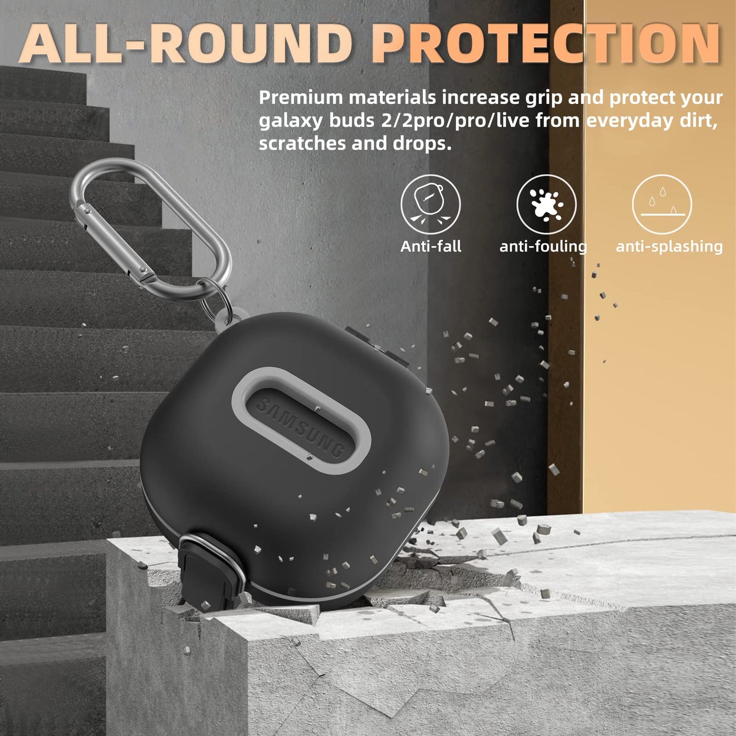 Secure Lock Case for Samsung Galaxy Buds 2 Pro/ Buds 2/ Buds Pro/ Buds Live, WOFRO Shock-Absorbing Protective Cover TPU Hard Shell with Lanyard
