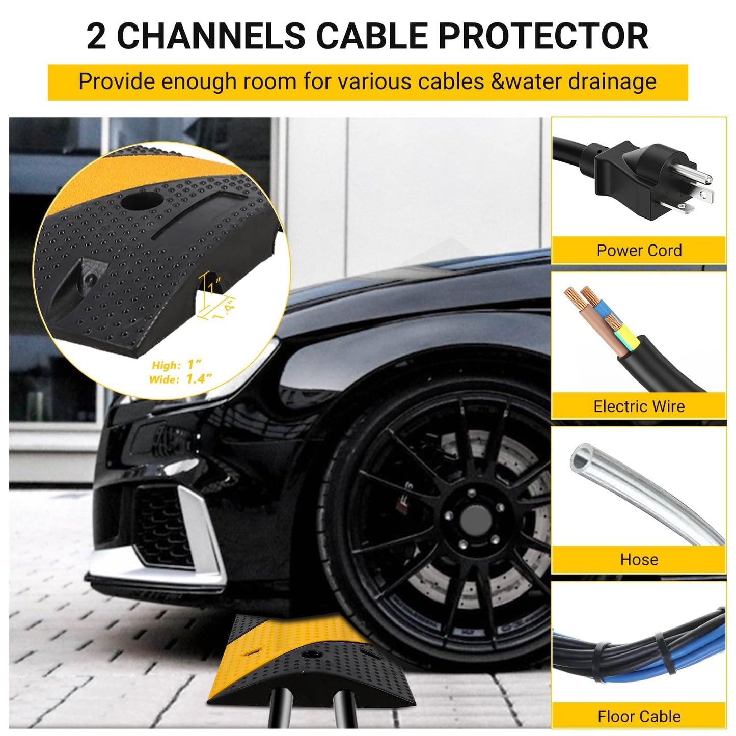 3.3 FT Heavy Duty Rubber Speed Bump 2-Pack, Driveway Cable Protector Ramp with Installation Bolts for Parking Lots, Garage & Gravel Roads