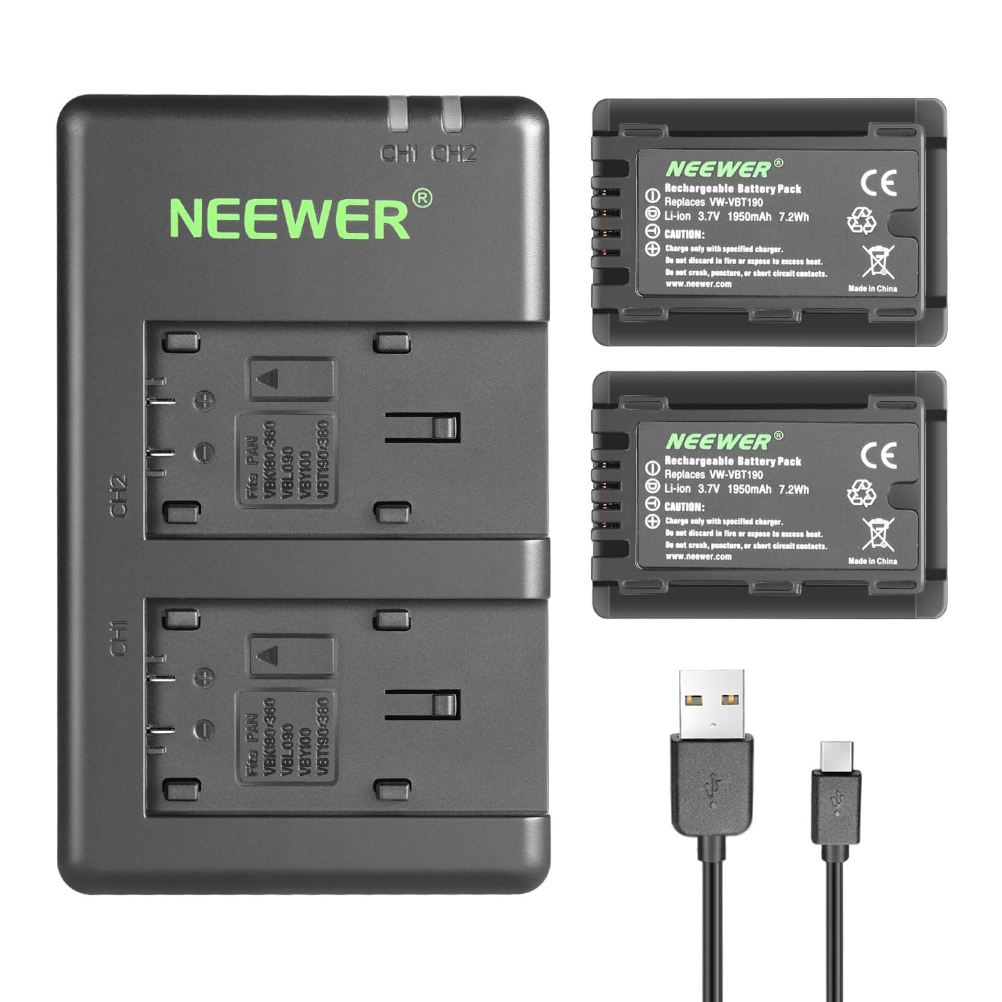 NEEWER Replacement Battery and Charger Set for VW-VBT190, 2 Pack 1950 mAh Batteries and Dual USB Charger, Compatible with Panasonic HC-V110 V130 V160