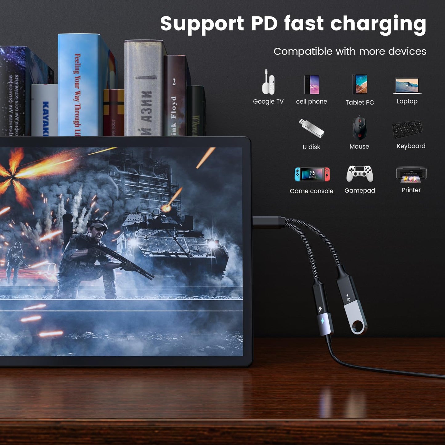 MOGOOD USB C OTG Splitter with 60W PD Fast Charging, USB-C to USB-A + USB-C Adapter - Charge & Transfer Data, Works with Steam Deck, Chromecast, ONN