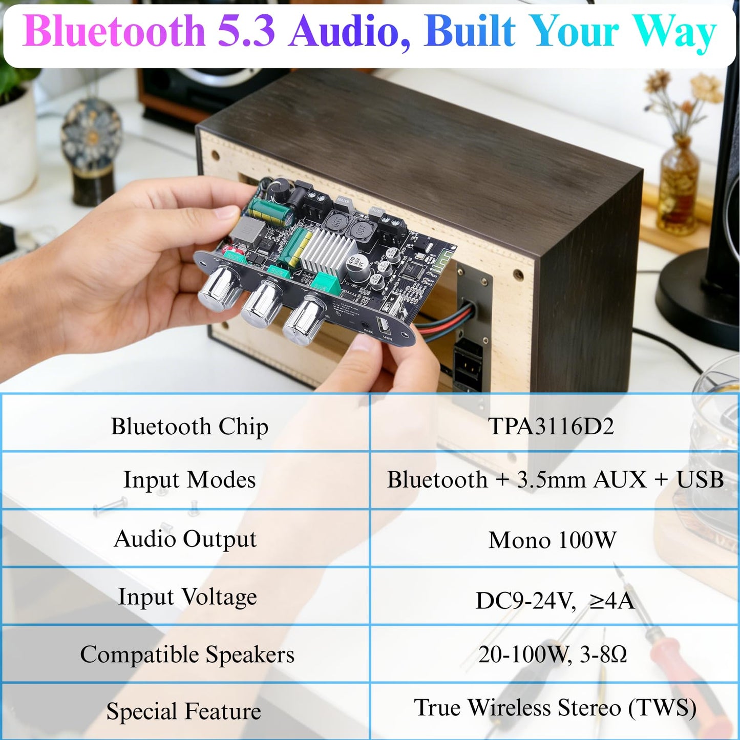 ZK-1001U Mono Amplifier Board, 100W Bluetooth5.3 Amplifier with TPA3116D2 Chip, Mini Amplifier with TWS Stereo Pairing, Treble and Bass for Home Audio