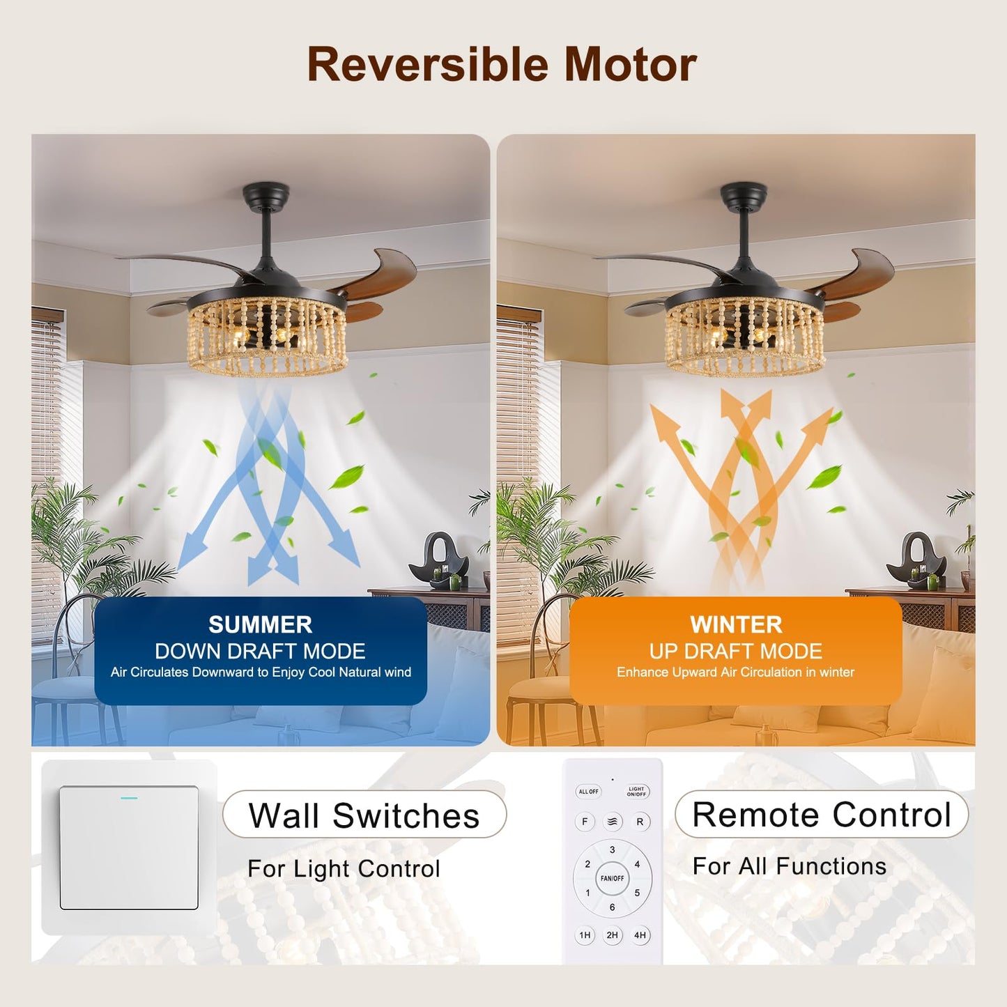 APBEAMLighting 42'' Boho Retractable Ceiling Fan with Light