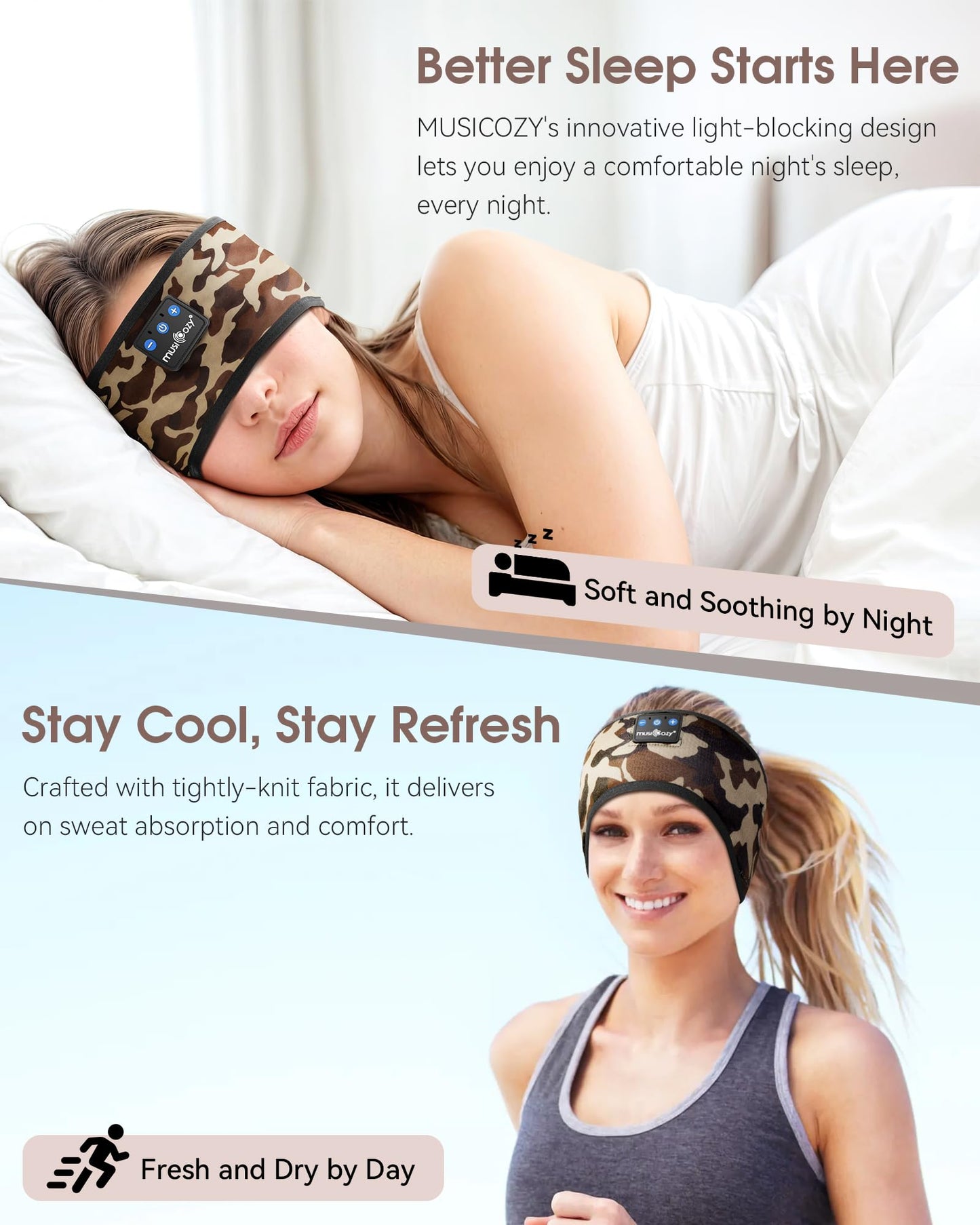 MUSICOZY Sleep Headphones Bluetooth 5.4 Headband, Sports Wireless Earphones Sweat Resistant Earbuds Sleeping Headphone with Ultra-Thin HD Stereo…