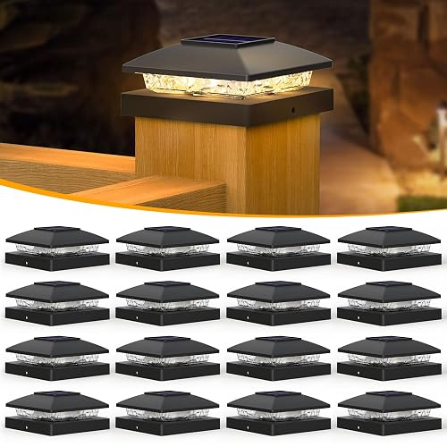 APONUO Solar Post Cap Lights for 4x4 Posts - IP64 Waterproof, 3000K LED, No-Wire Fence Lights & Deck Lights for Patio Garden Yard Patio, Black-Warm