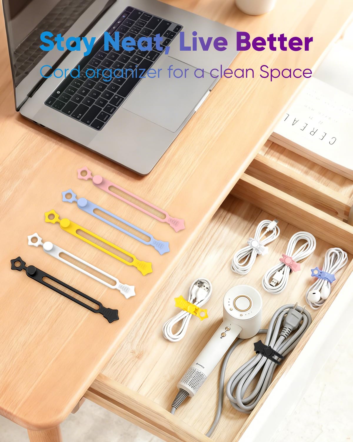 Quick Bind-Silicone Cable Ties Reusable, Cord Organizer for Charging Cables, Data Cables & Computer Wires, Multipurpose Elastic Cable Management