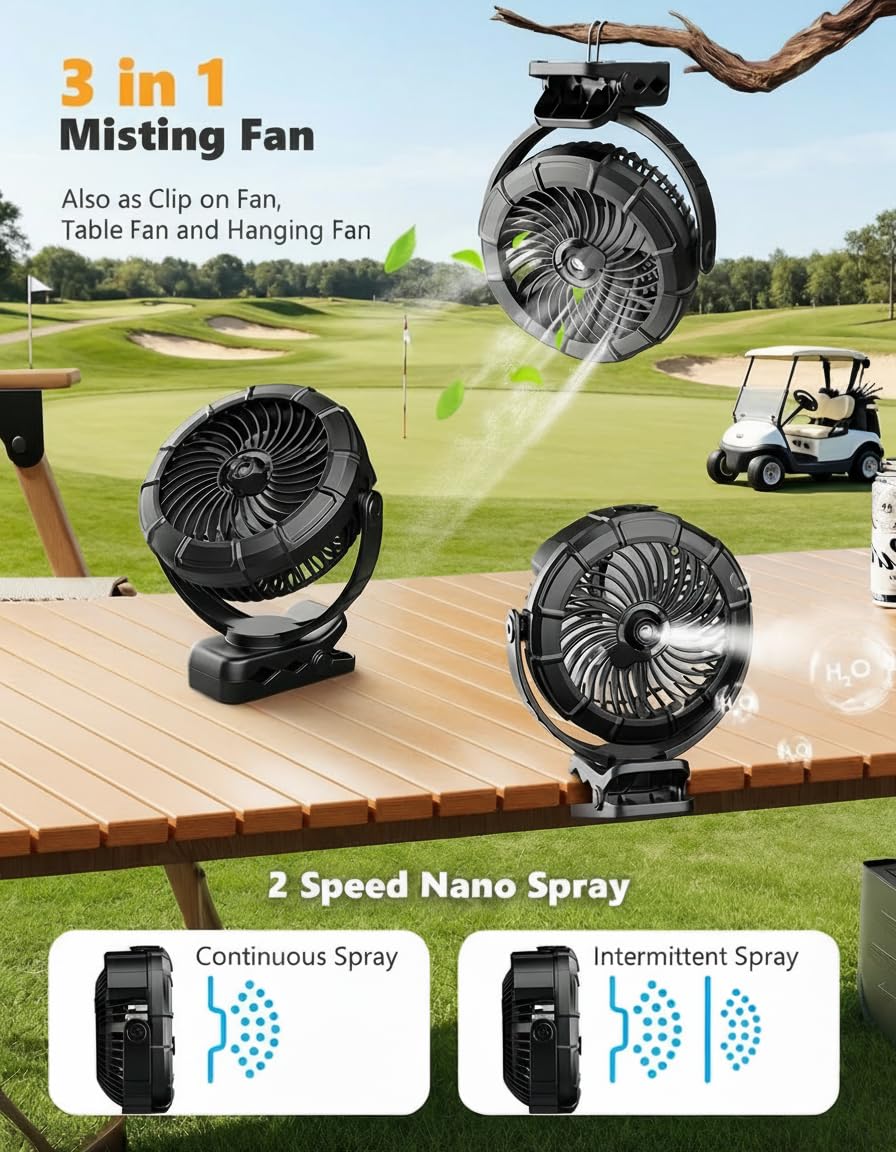 Ausic Portable Clip on Misting Fan, [5-45Hrs] Golf Cart Spray Fan, 720° Rotate Baby Stroller Fan, Outdoor Camping Fan with LED, Rechargeable Battery