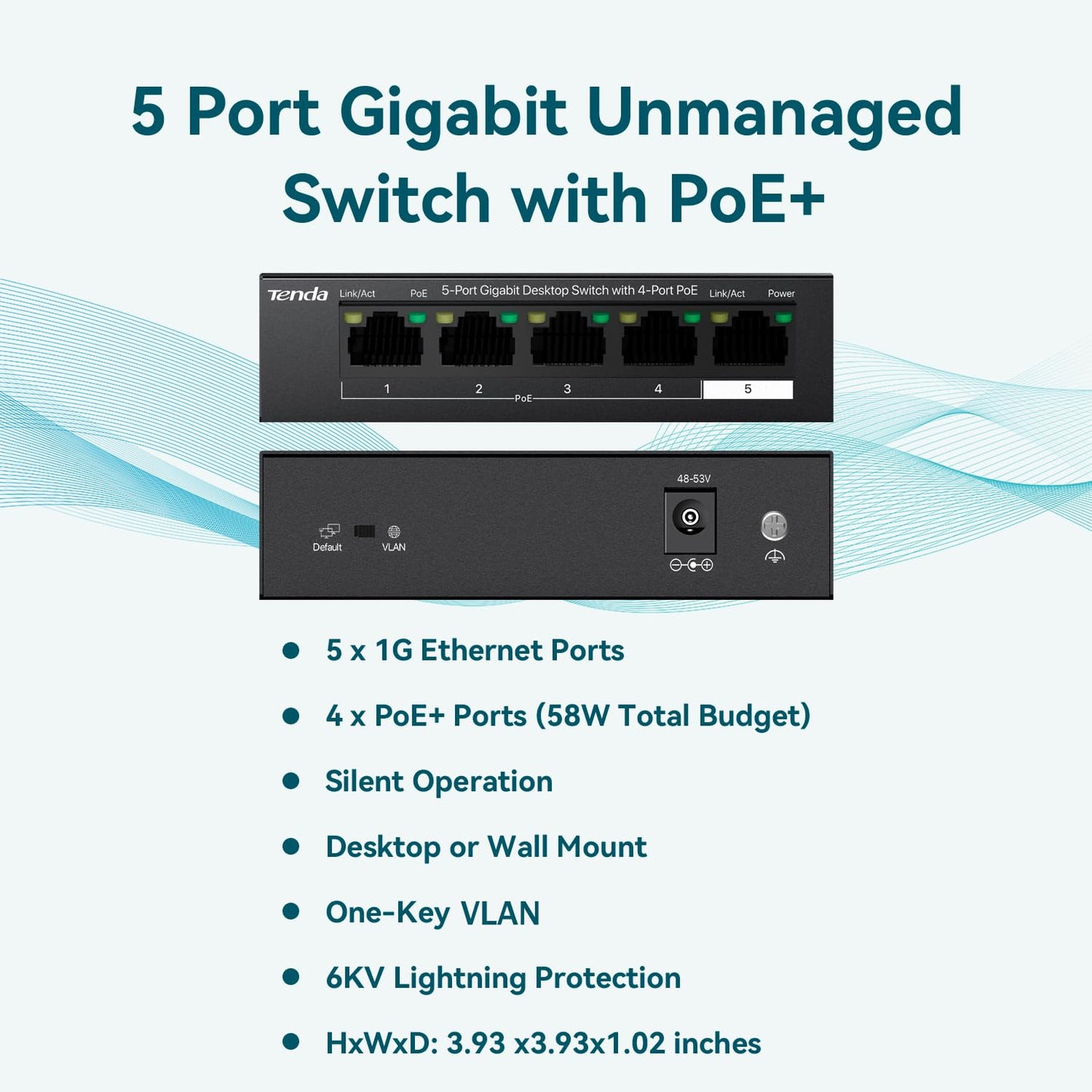 Tenda TEG1105P, 5 Port Gigabit PoE Switch Compatible with IEEE 802.3af/at Devices, Unmanaged PoE Switch with 4 Port PoE+@63W, Plug & Play, Fanless