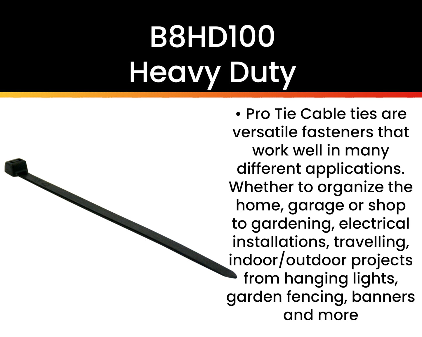 Pro Tie Heavy Duty Cable Ties, Self-Locking Nylon Cable Wire Ties for Indoor and Outdoor Use | 7.9-Inch, 120 lbs. Tensile Strength, UV Black Nylon