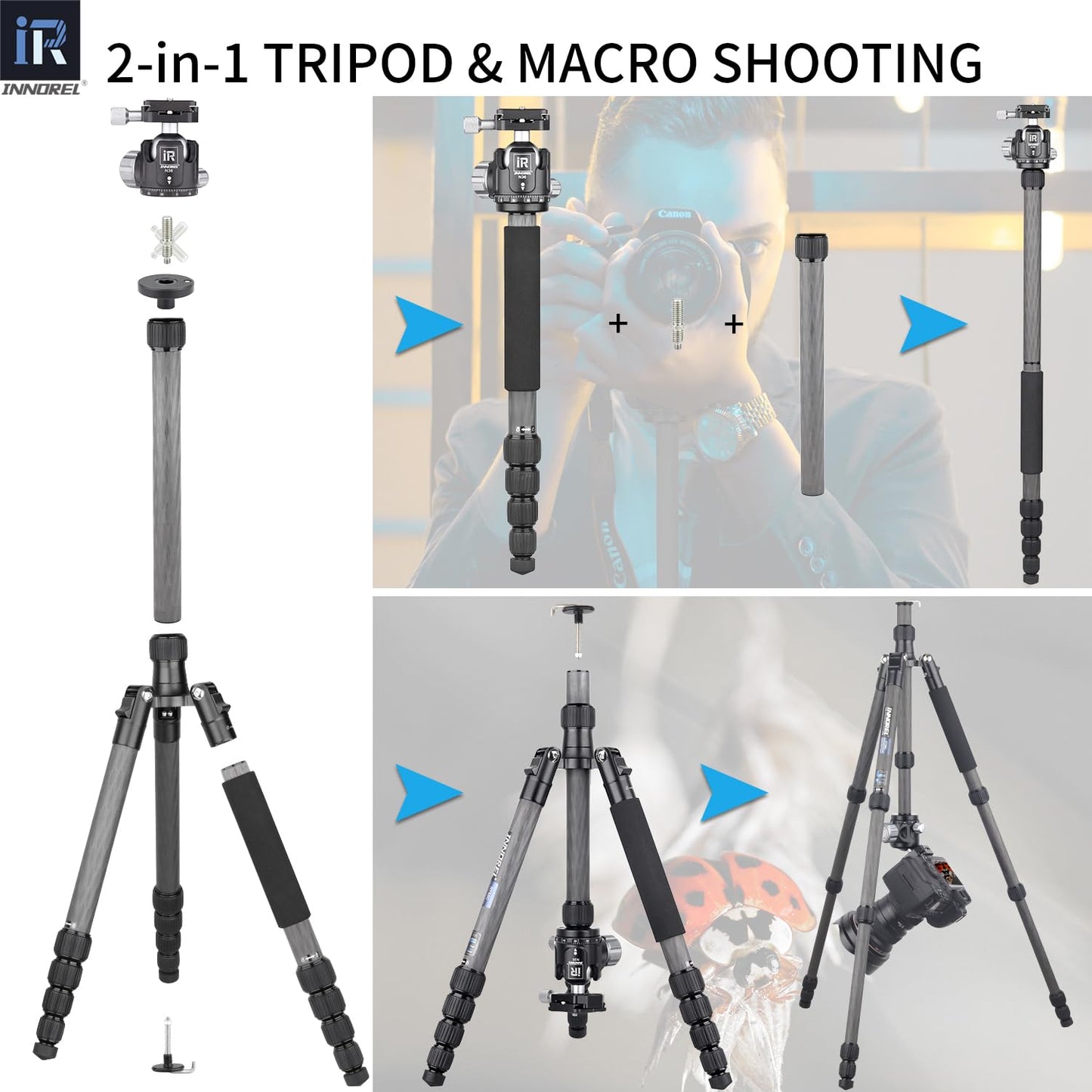 INNOREL 62 inches 10 Layers Carbon Fiber Camera Tripod Monopod with 360 Degree Low Gravity Center Ball Head, two 1/4 inch Quick Shoe Plates, Carry Bag