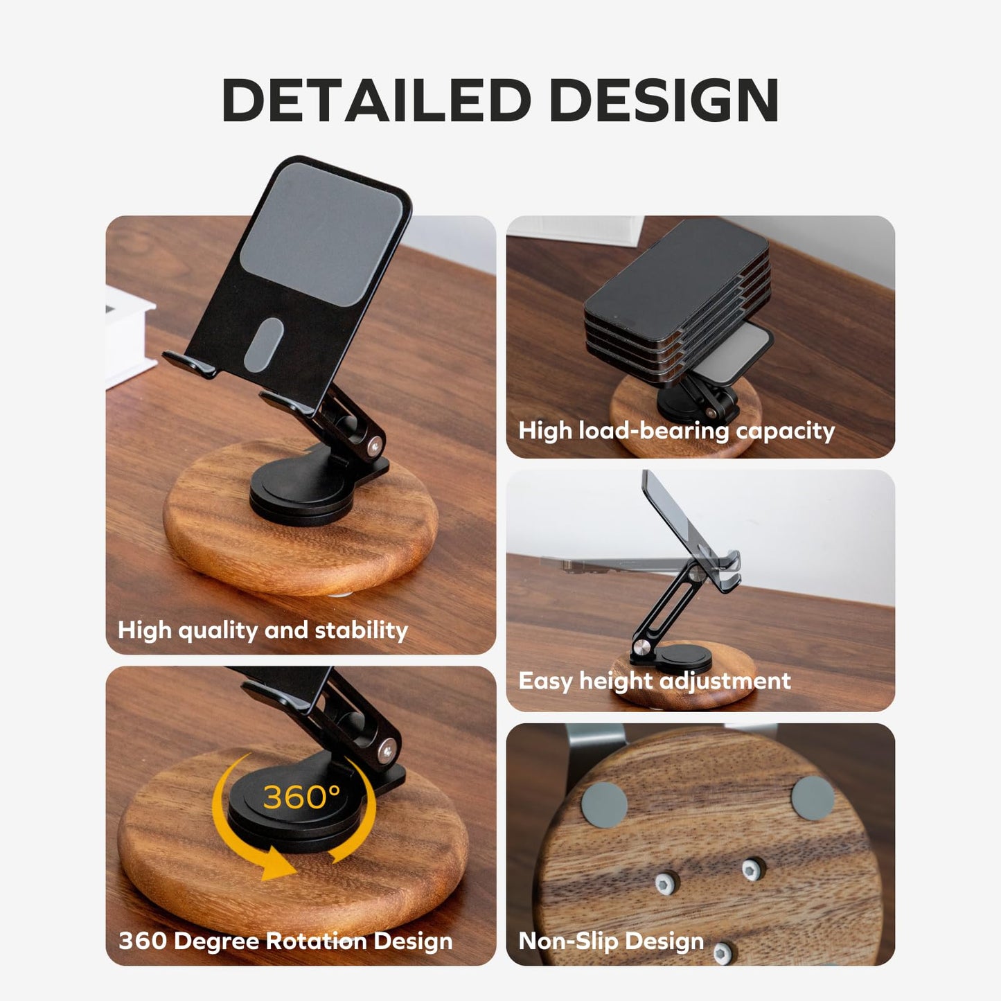 muso wood Cell Phone Stand for Desk, Foldable 360 Rotating Cell iPhone Holder with Acacia Base, Adjustable Travel Cell Phone Mobile Stand for All