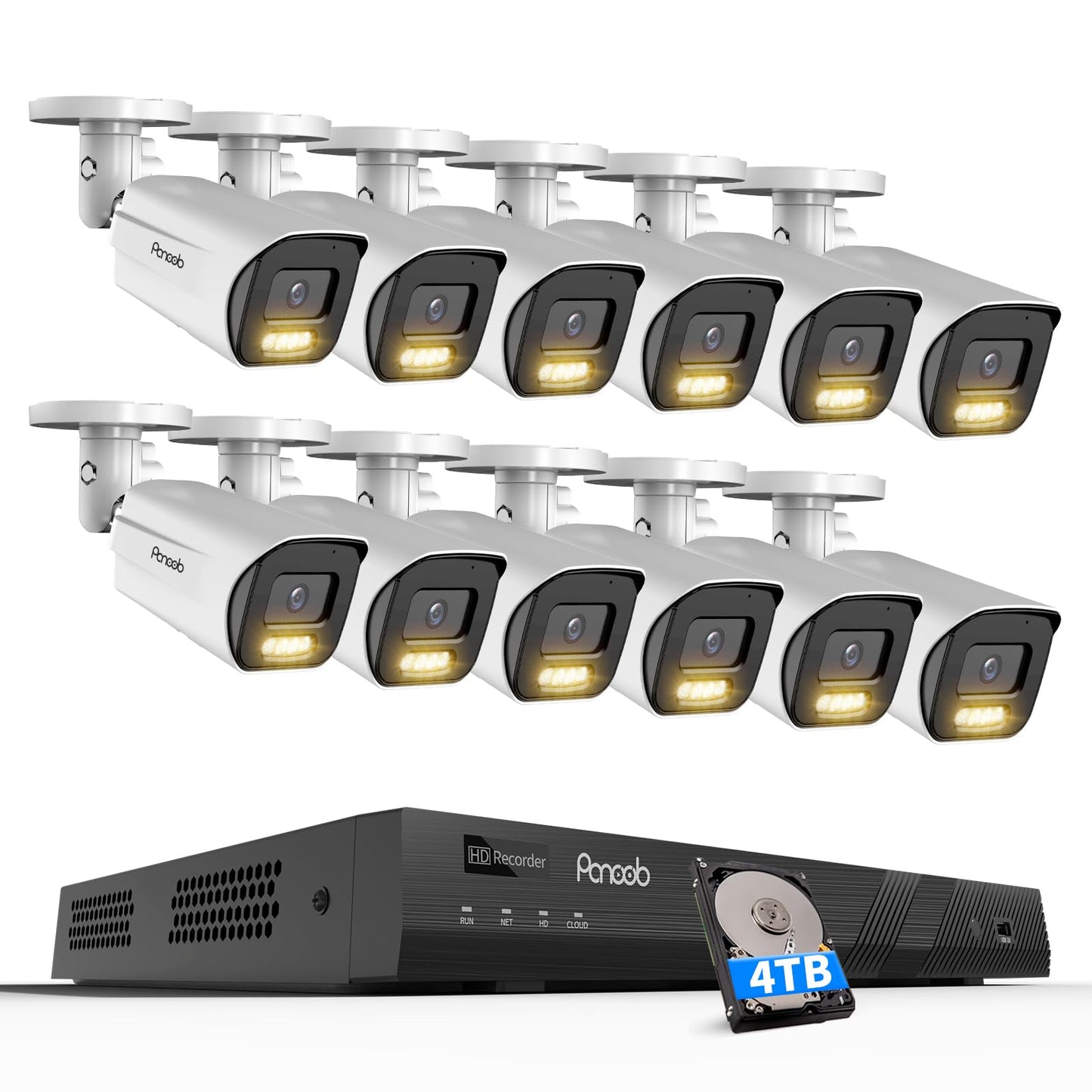 PANOOB 4K Security Camera System 16 Channel 4TB HDD, 12 8MP PoE Commercial IP Bullet Cameras with Spotlight Color Night Vision, 2 Way Audio, AI Human