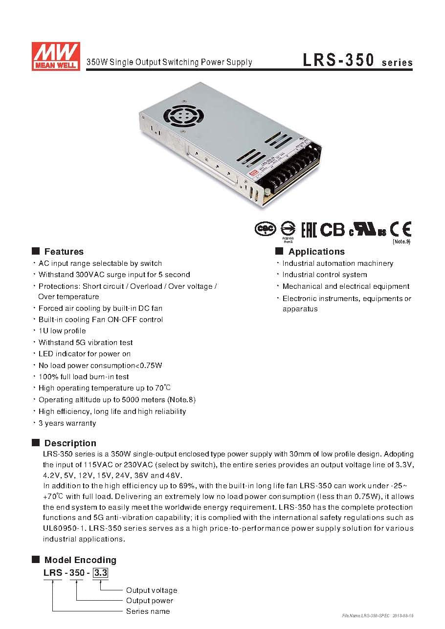 [Enclosed Type/LRS-350 Series/Industrial Use] Mean Well LRS-350-12 350W Single Output Switching Power Supply(12V 29A)