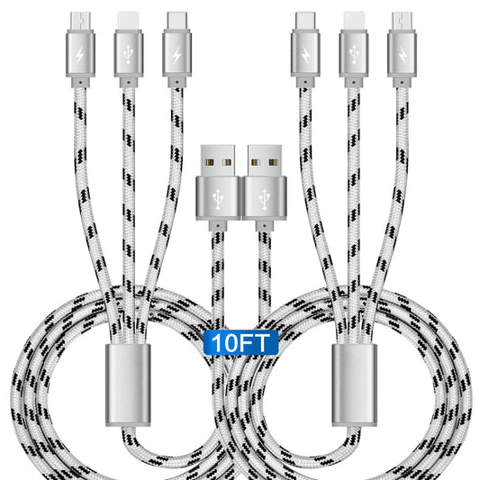 10Ft Multi Charging Cable 3A, 2Pack Braided Fast Charging 3-in-1 Multiple Charger Cable with IP/Micro USB/Type C Adapter Port for Cell Phones/iPhone
