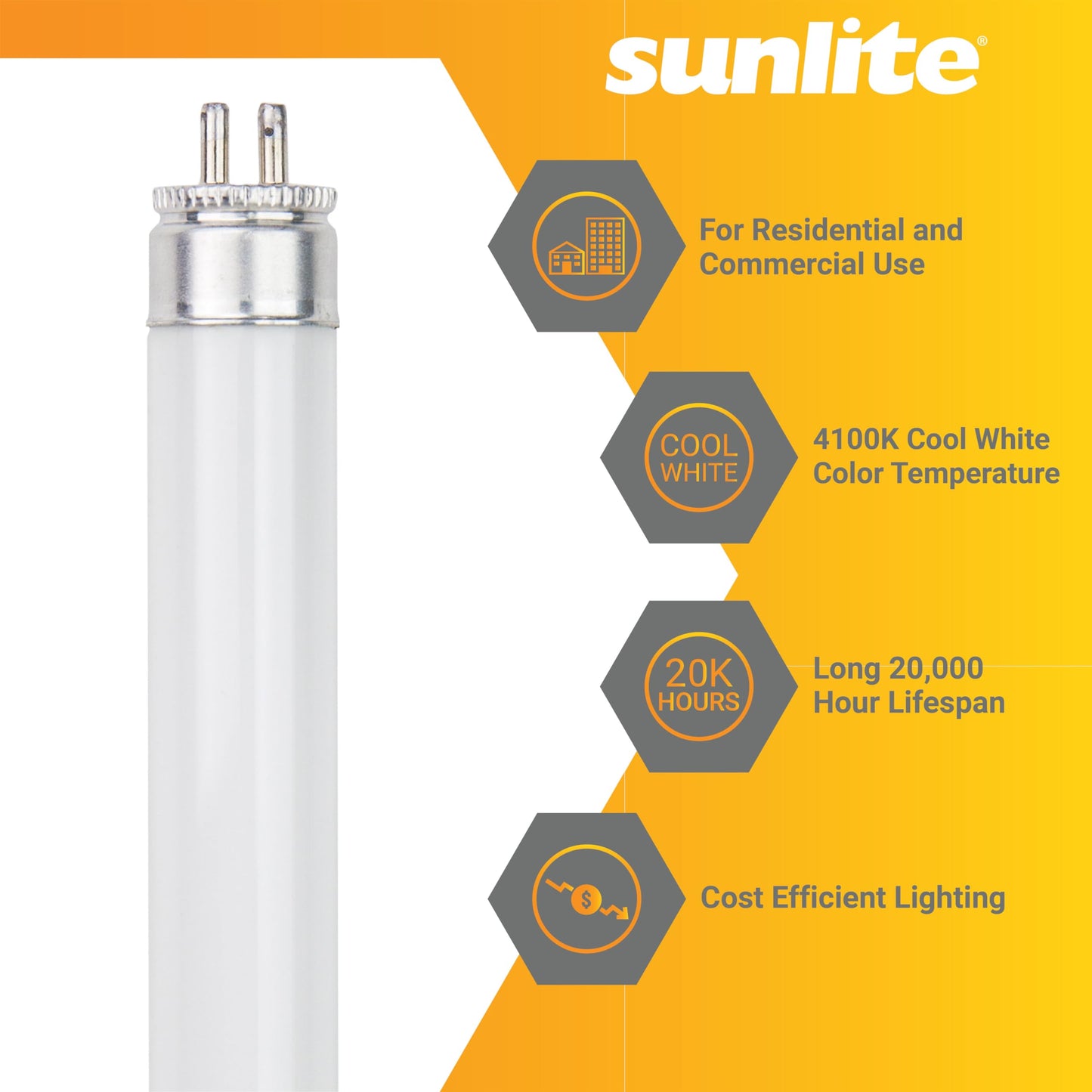 Sunlite 30258 F54T5/841/HO 4 Foot T5 Linear Fluorescent Lamp, 54 Watts, 5000 Lumens, 4100K Cool White, Miniature G5 Bi-Pin Base, High Performance