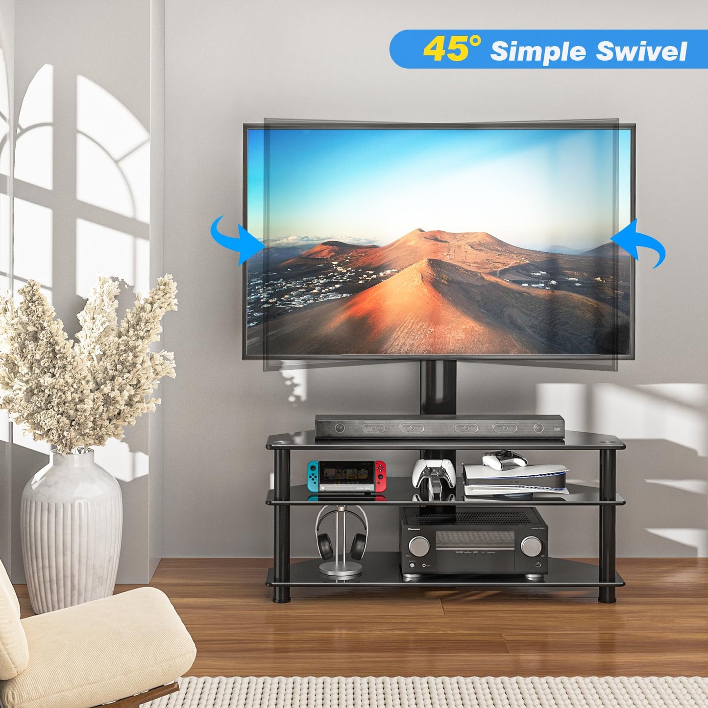 Rfiver Corner Swivel Glass TV Stand with Mount for 32-70 Inch Screen TV up to 110lbs, Height Adjustable Corner TV Stand with Mount, Entertainment