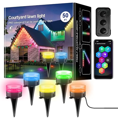LIDORE Smart Outdoor Ground Lights, 50FT RGBCW Color Changing LED Pathway Light with 15 Lamps, App Remote Control Landscape Lighting, Bluetooth Lawn