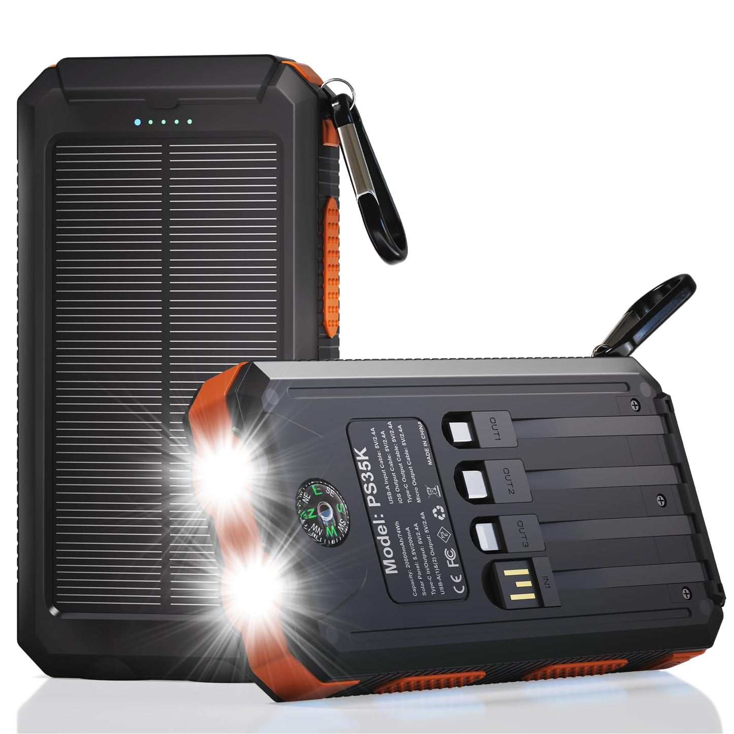 Durecopow Solar Charger Power Bank 20,000mAh, Portable Charger, 4 Cables 3 Ports Fast Charging External Battery Pack with USB C for Cell Phones, Solar