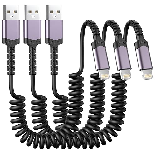 3 Pack Coiled Lightning Cable for Car [MFi Certified] Retractable iPhone Charger Apple CarPlay USB to Lightning Cord Fast Charging for iPhone 14 13…