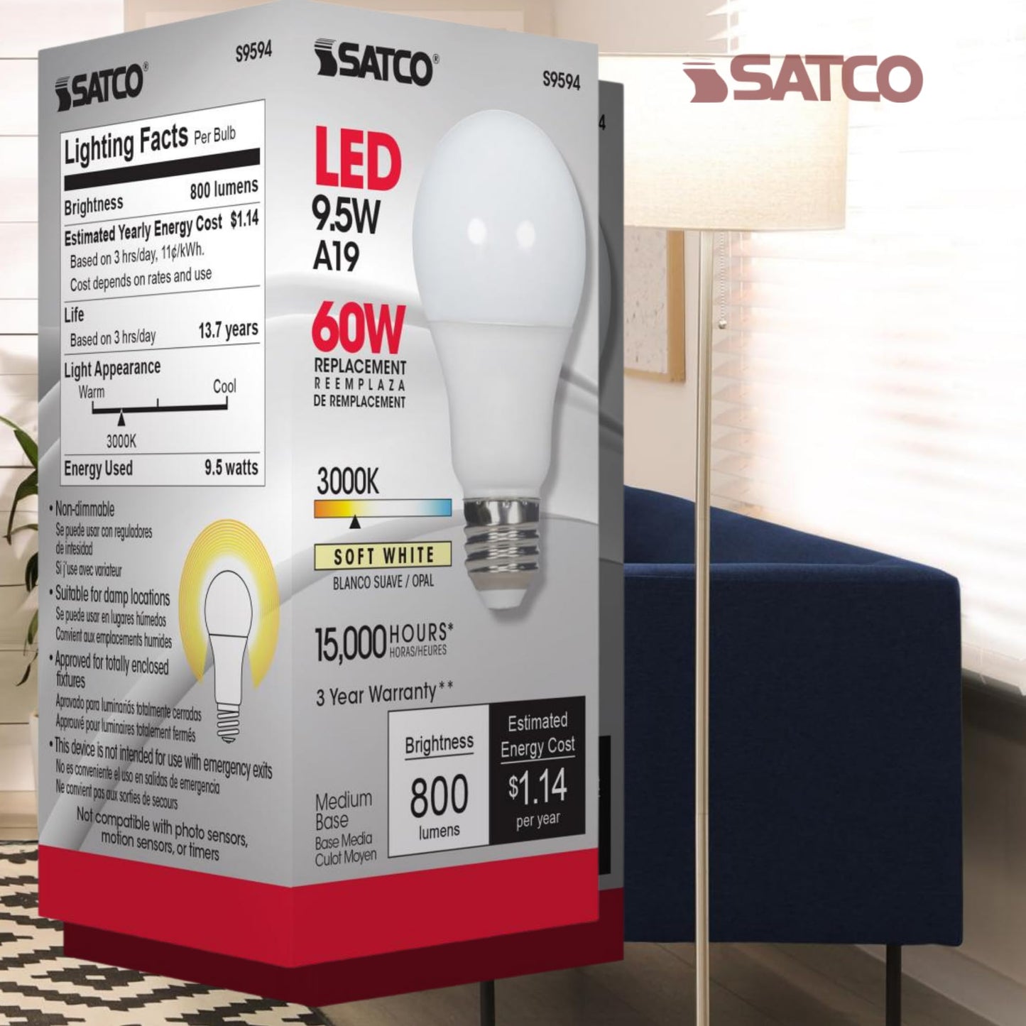 Satco S9594 9.5W A19 LED Bulb, 3000K Soft White, E26 Medium Base, 800 Lumens, Frosted Finish, 220° Beam Angle, Non-Dimmable, Enclosed Fixture Rated