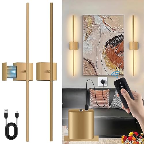 Battery Operated Wall Sconces Set of 2, USB Rechargeable Wall Lights with Remote Control, 360° Rotation, 6000mAh, Dimmable Touch Wireless Wall Sconce