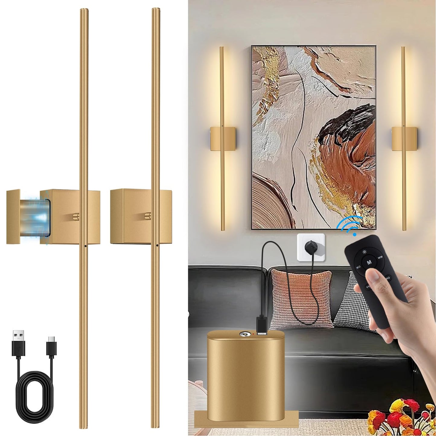 Battery Operated Wall Sconces Set of 2, USB Rechargeable Wall Lights with Remote Control, 360° Rotation, 6000mAh, Dimmable Touch Wireless Wall Sconce