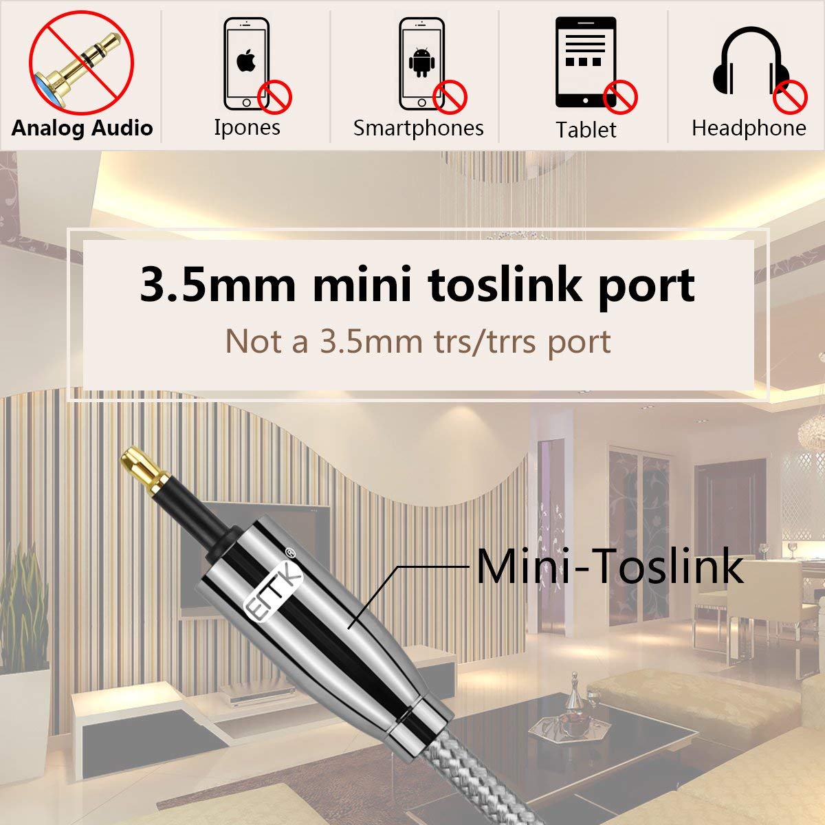 Optical Audio Cable, EMK Toslink Optical to Mini Toslink Optical Cable with Braided Jacket for Home Theater, Sound Bar, TV, PS4, Xbox