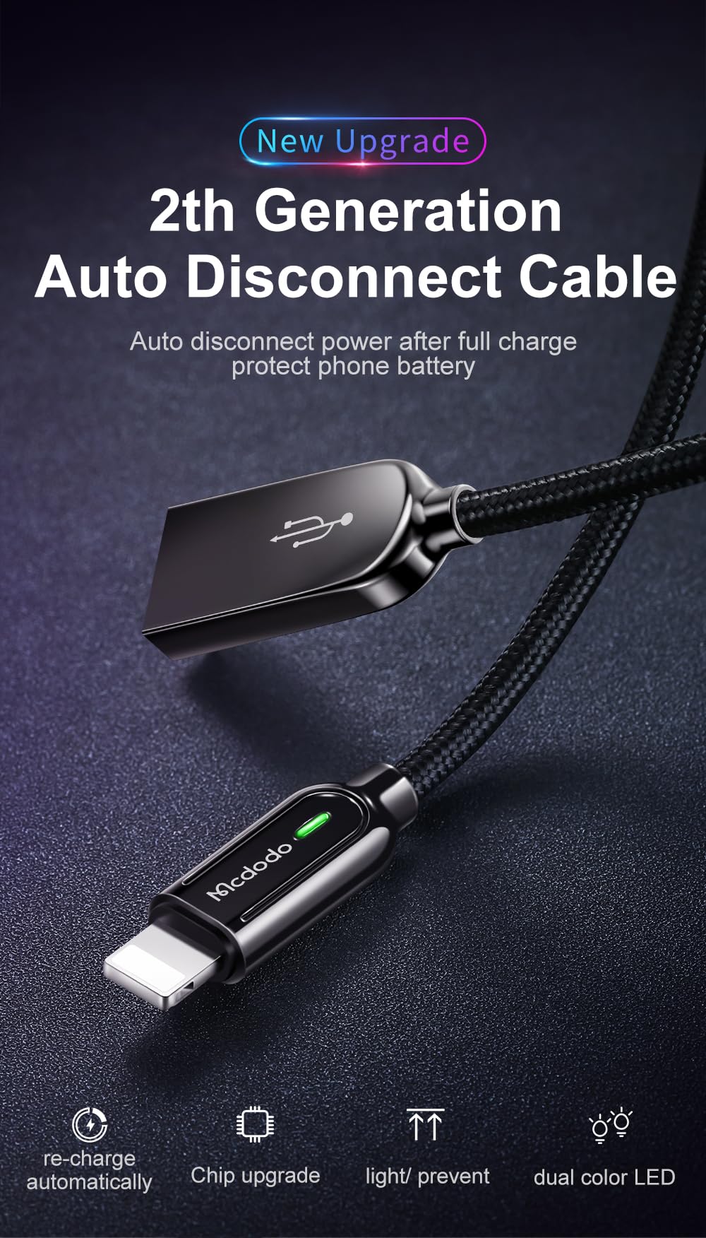 mcdodo Upgraded Power Off/On Smart LED Auto Disconnect Nylon Braided Sync Charge USB Data 4FT/1.2M Cable Compatible iPhone 14/13/12/11 Pro Max (2…