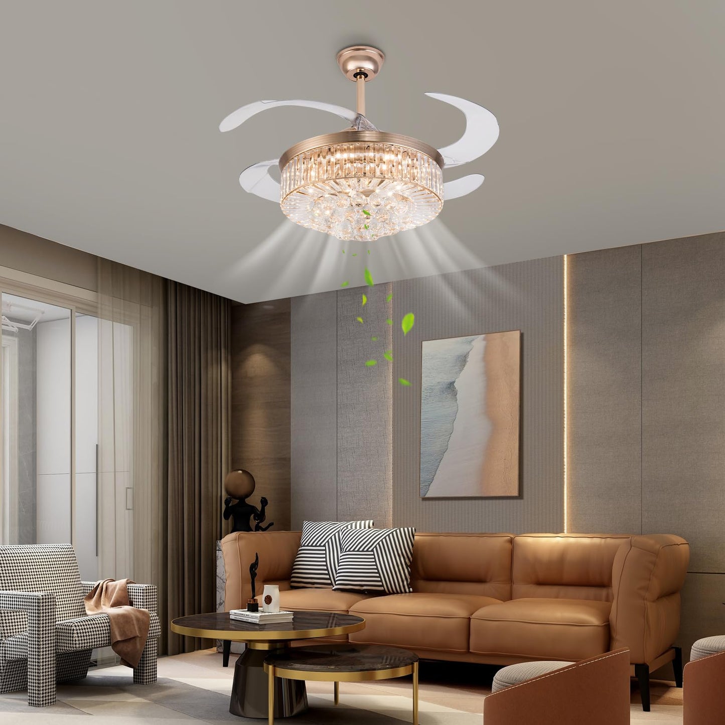 Gdrasuya10 42 Inch Crystal Ceiling Fan Light, 4 Blade Retractable Blade Chandelier Remote Control LED Pendant Light Dimmable 3 Colors Change
