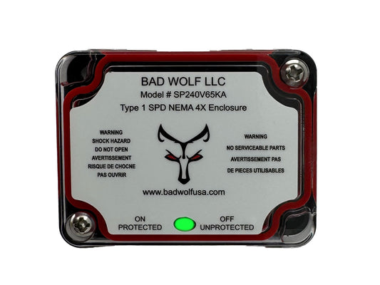 Bad Wolf SP240V65KA Type 1 Whole House Surge Protector 120/240VAC Split Phase, 65kA Rated, 6-Mode, NEMA 4X/IP67, 100kA SCCR, Status LED, ETL Listed