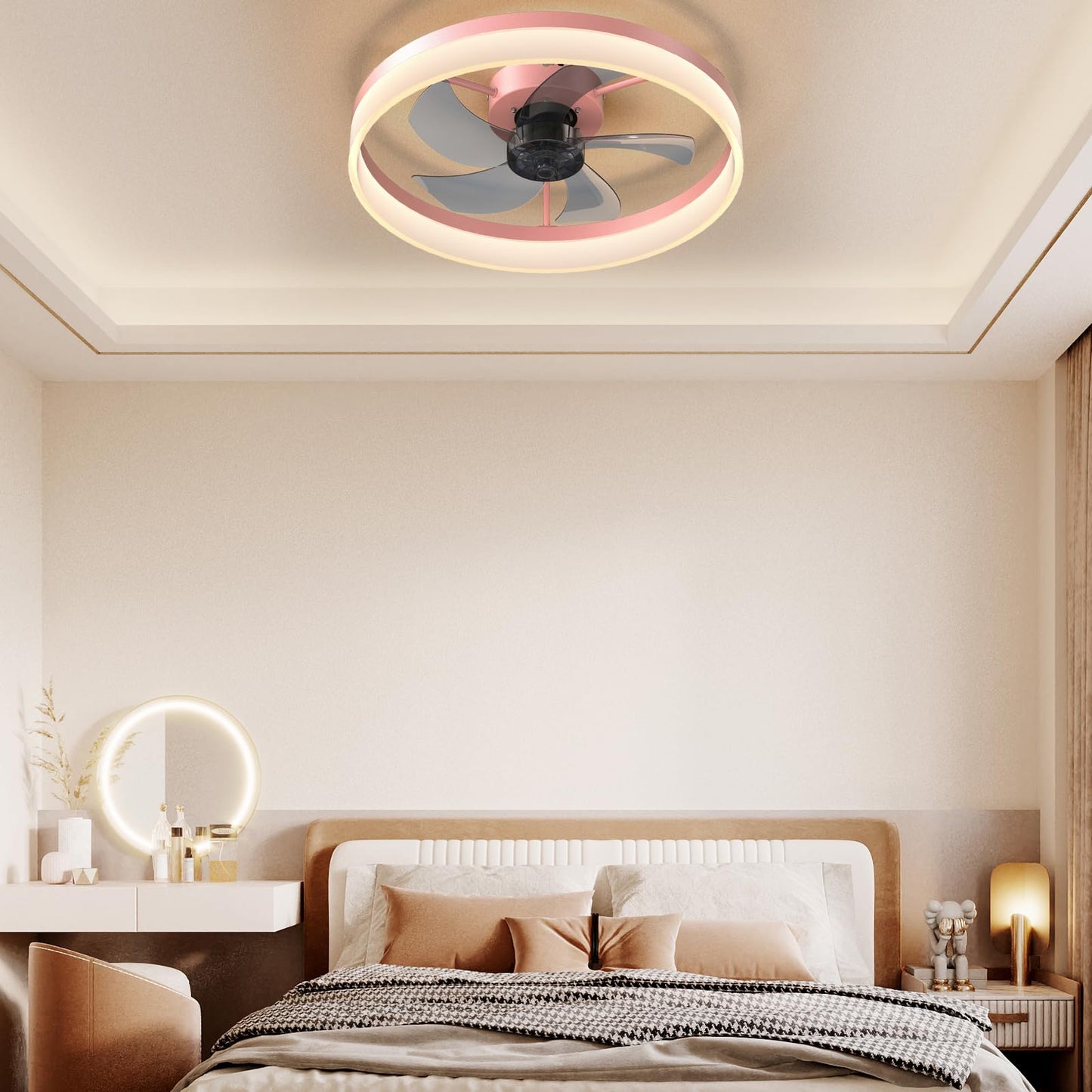 NoeBanJe Flush Mount Ceiling Fan with LED Lights and Remote, Modern Low Profile Ceiling Fans with 6 Wind Speeds Three Kinds of Lights Noise-Free,