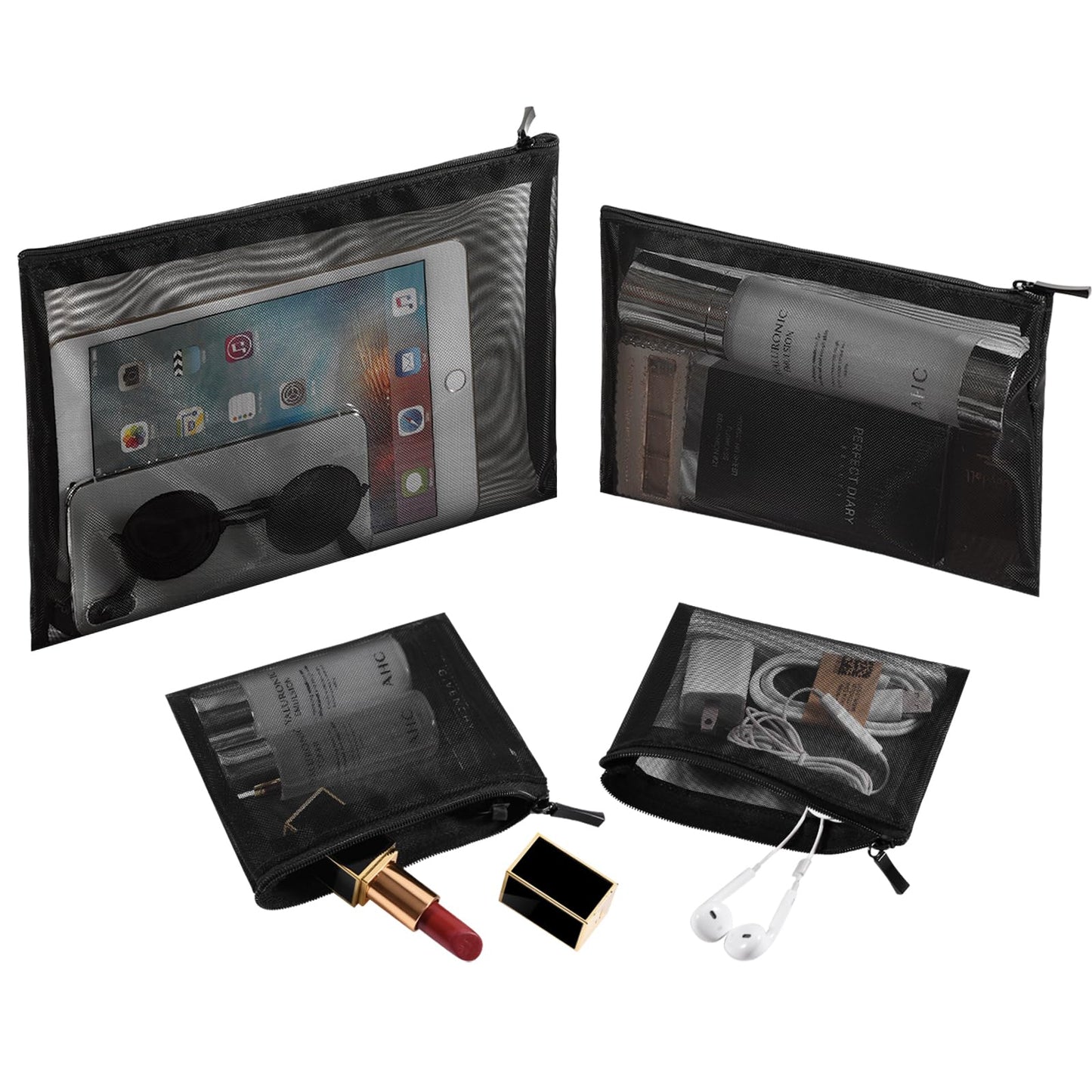 EASYFUN 4PCS Mesh Makeup Pouch – Zipper Cosmetic Organizer Bags for Women, Travel Toiletry Pouches for Small Items, Black Set