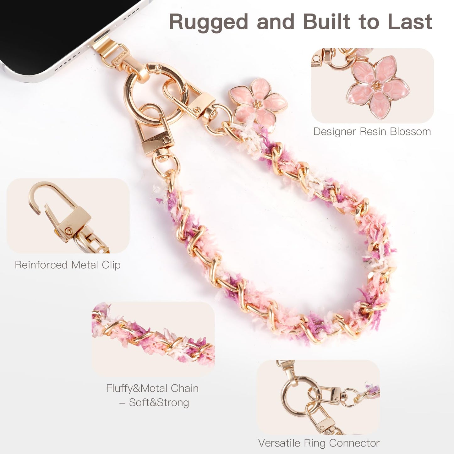 Elegant Floral Cell Phone Wrist Strap with Gold Chain, Soft Tassel for iPhone 17 Pro Max/Series 16&Most Cellphones - Secure Anti-Drop Lanyard