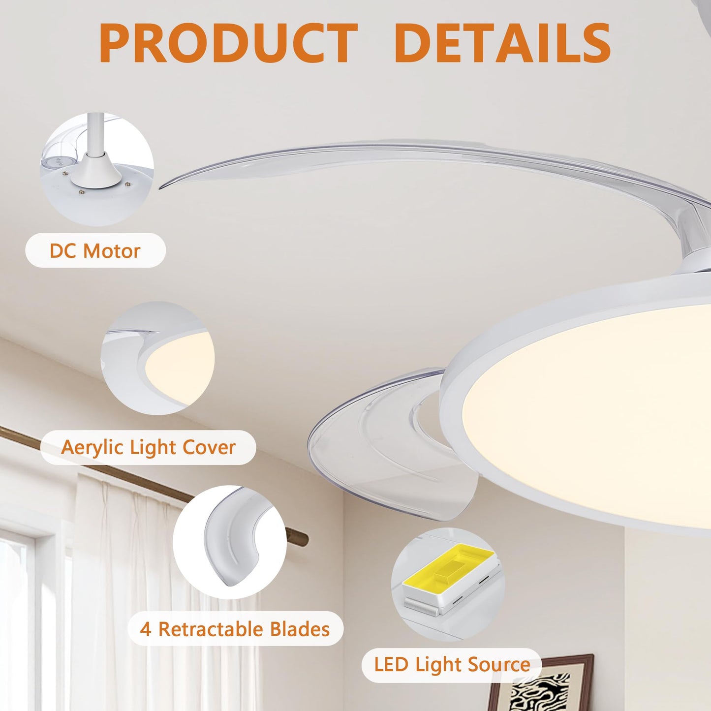 Ouimico 42 Inch Retractable Ceiling Fan with Light, APP & Remote Control, 6-Speed Reversible DC Motor, Dimmable 3 Color LED, Quiet Invisible Blades