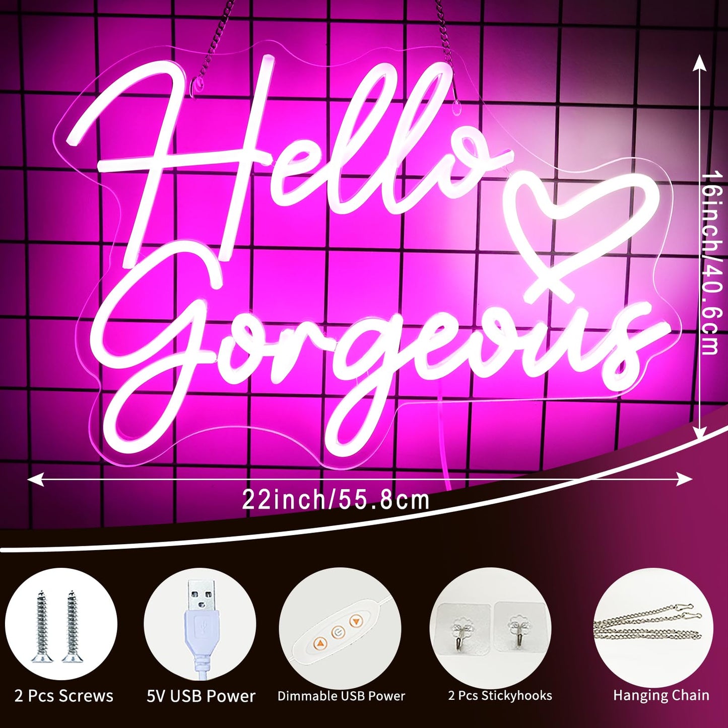 Neonwall Hello Gorgeous Neon Sign for Wedding, Led Neon Light Sign for Bedroom Room Decor Birthday Party USB Operated Game Center Neon Light for Art