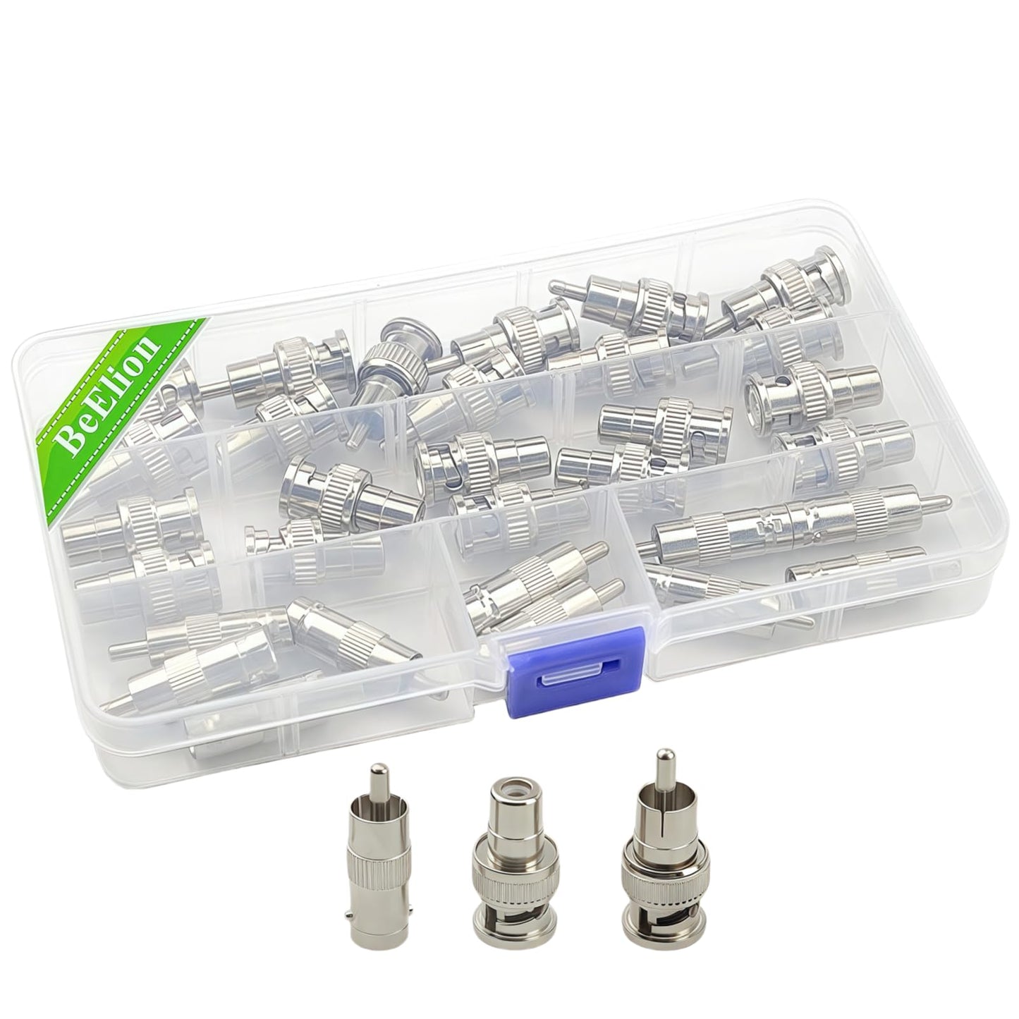 BeElion All-in-One 32-Pack RCA to BNC Adapter Kit - 11 M2M/11 M2F/10 F2M Nickel-Plated Brass Connectors for CCTV, Security Cameras & Audio Systems