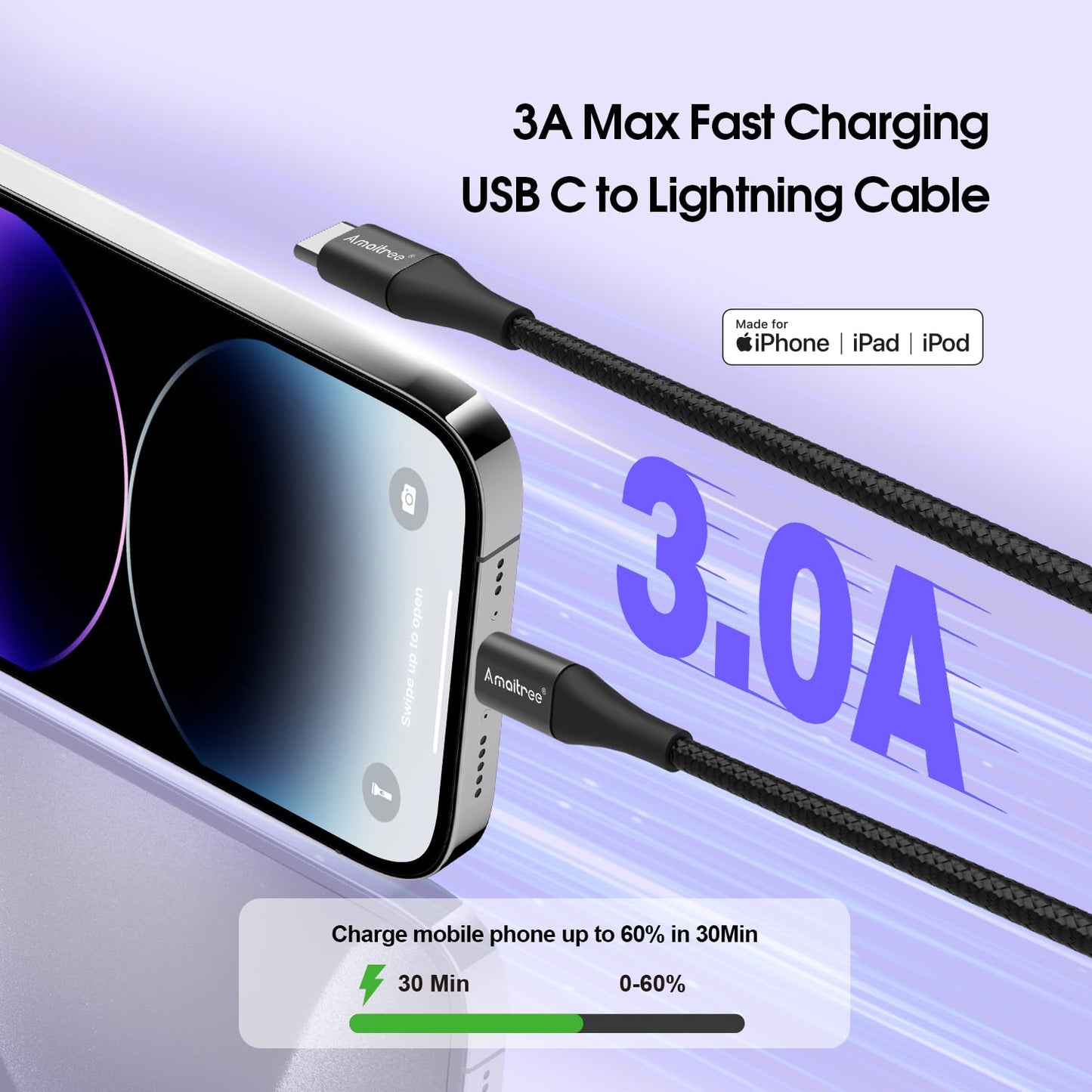 Amaitree USB C to Lightning Cable, [Apple MFi Certified] 4Ft 2Pack Fast Charging iPhone Lightning Woven Cord, 3A Lightning to USB C Car Play Charging…