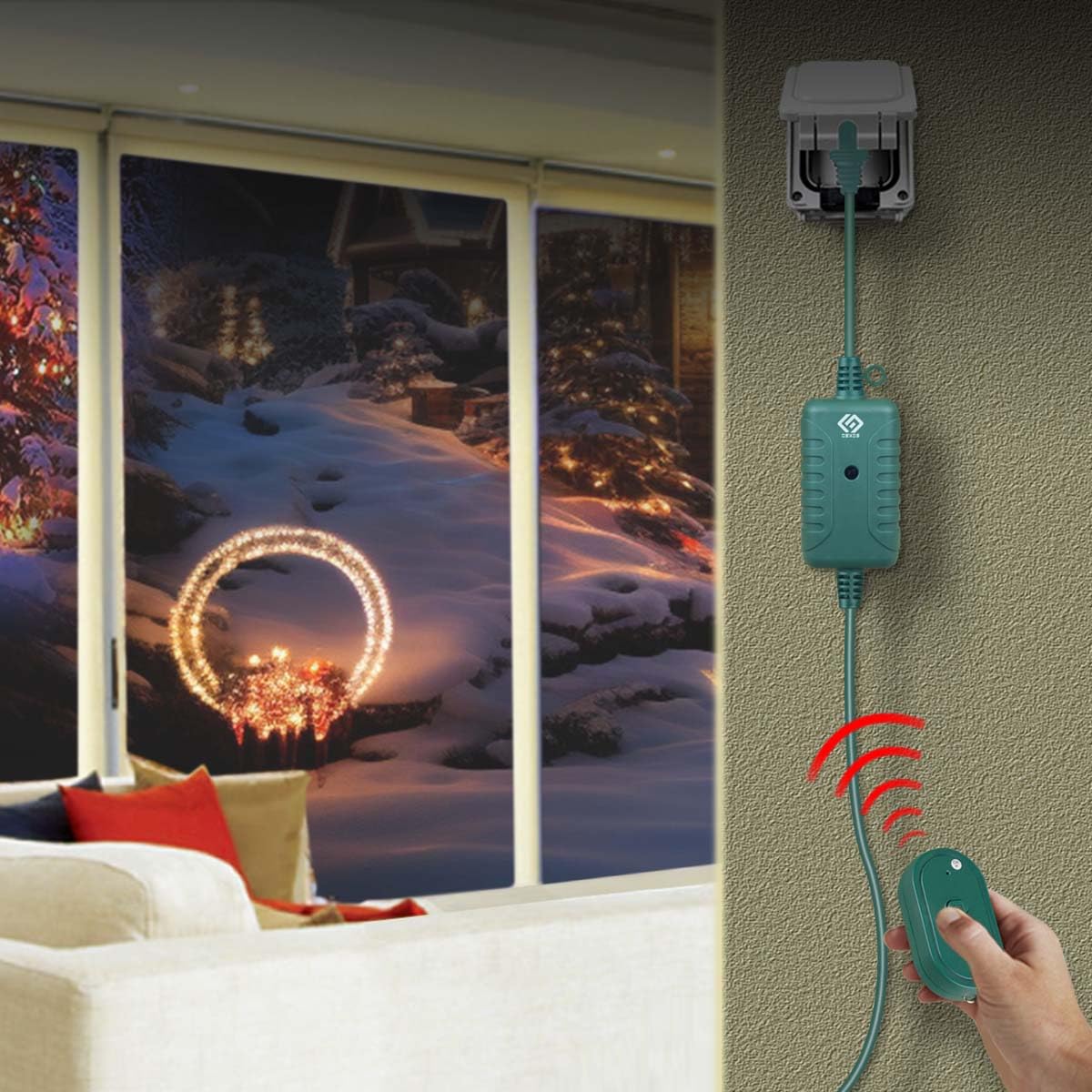 OSKOS Outdoor 3 Grounded Outlets with Wireless Remote Control, 15 ft Power Cord, Green.
