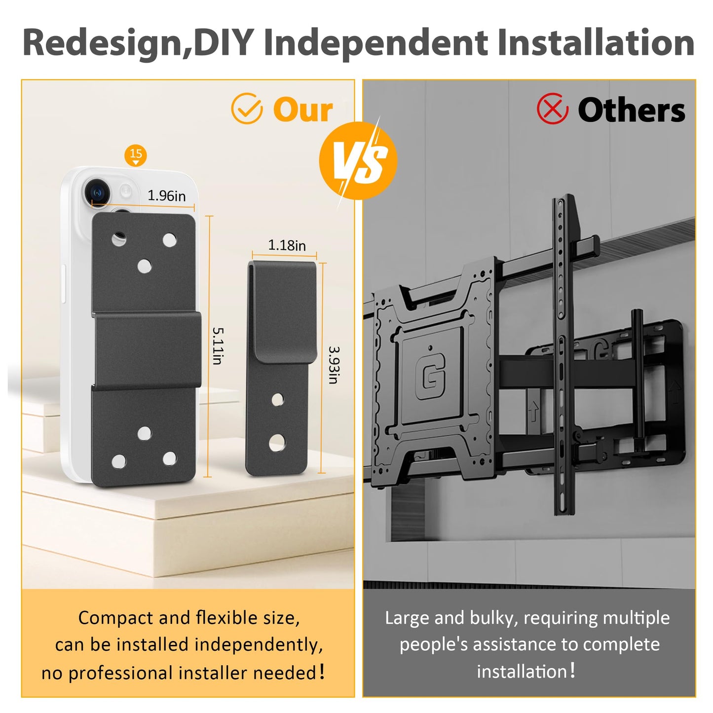 Wall Mount TV Bracket,No Stud TV Wall Mount,No Drill TVBrackets for Wall,Easy Install Fits 19-100 inch TVs,Include Hardware,Suitable for Most LED LCD