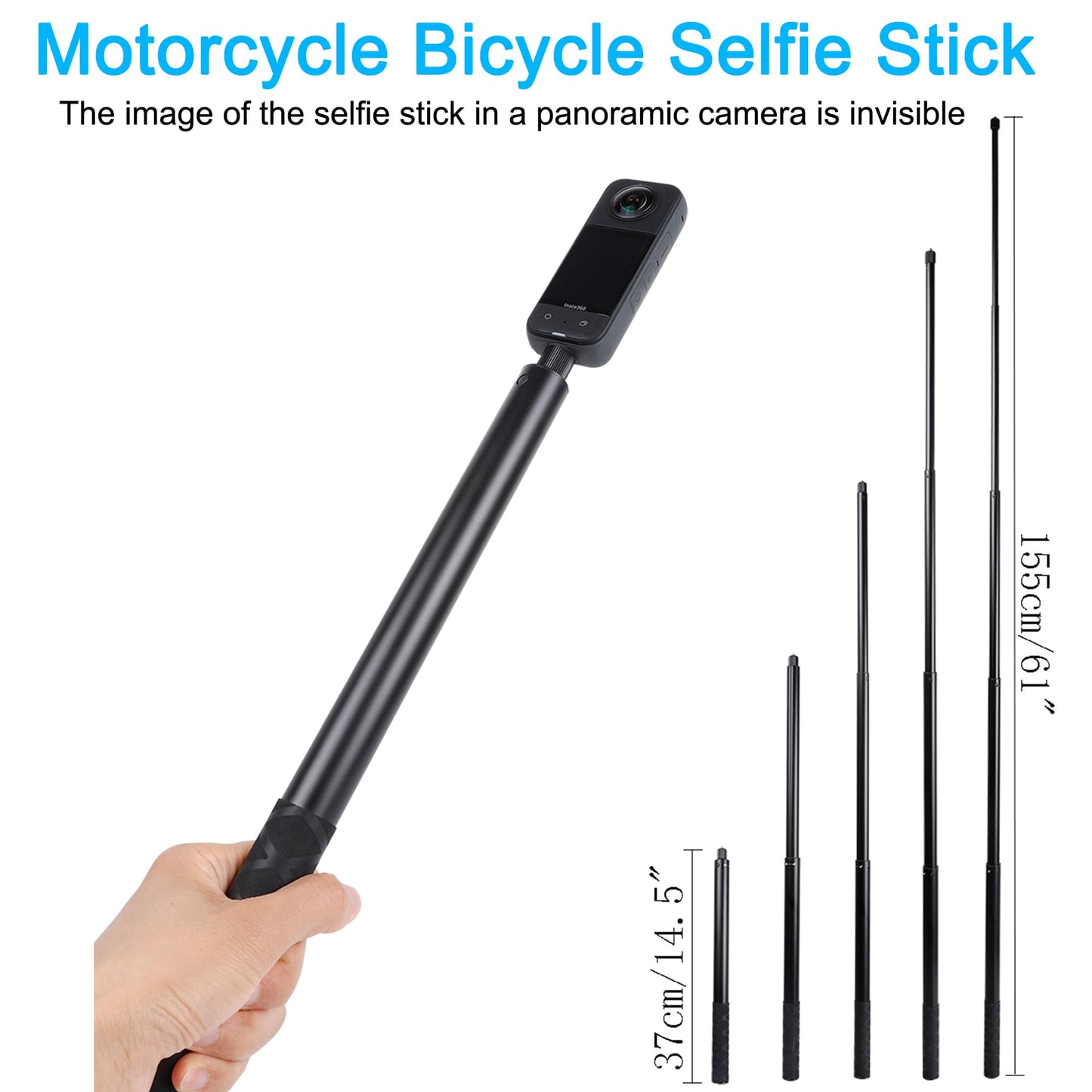 Motorcycle Mount kit for Insta360 One X5 X4 X3 X2 RS DJI OSMO 360 GoPro MAX 2- Double Clamps Handlebar Holder with 155cm Selfie Stick for Motorcycle