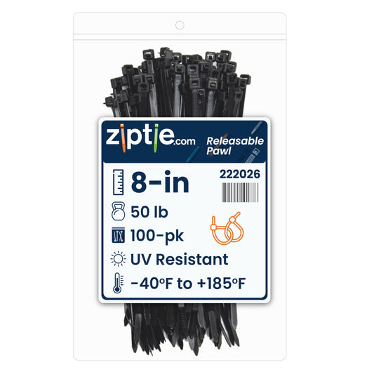 ZipTie.com 8-Inch Black Releasable Pawl Zip Ties - 50-lb Tensile Strength Cord Management - UL Listed Reusable Cable Ties - UL 21 Listed, UV