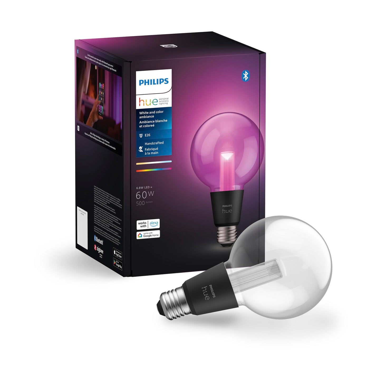 Philips Hue Lightguide G30 Small Globe Smart LED Bulb - Handblown Glass - Color Changing Light - Compatible with Amazon Alexa, Apple HomeKit