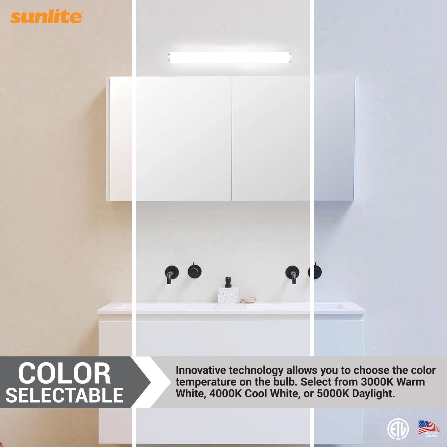 Sunlite 24-Inch LED Linear Bar Vanity Light Fixture, 25W (80W Equiv.), 1750 Lumens, Color Selectable 30K/40K/50K, 100-277V, Dimmable, 50,000 Hour