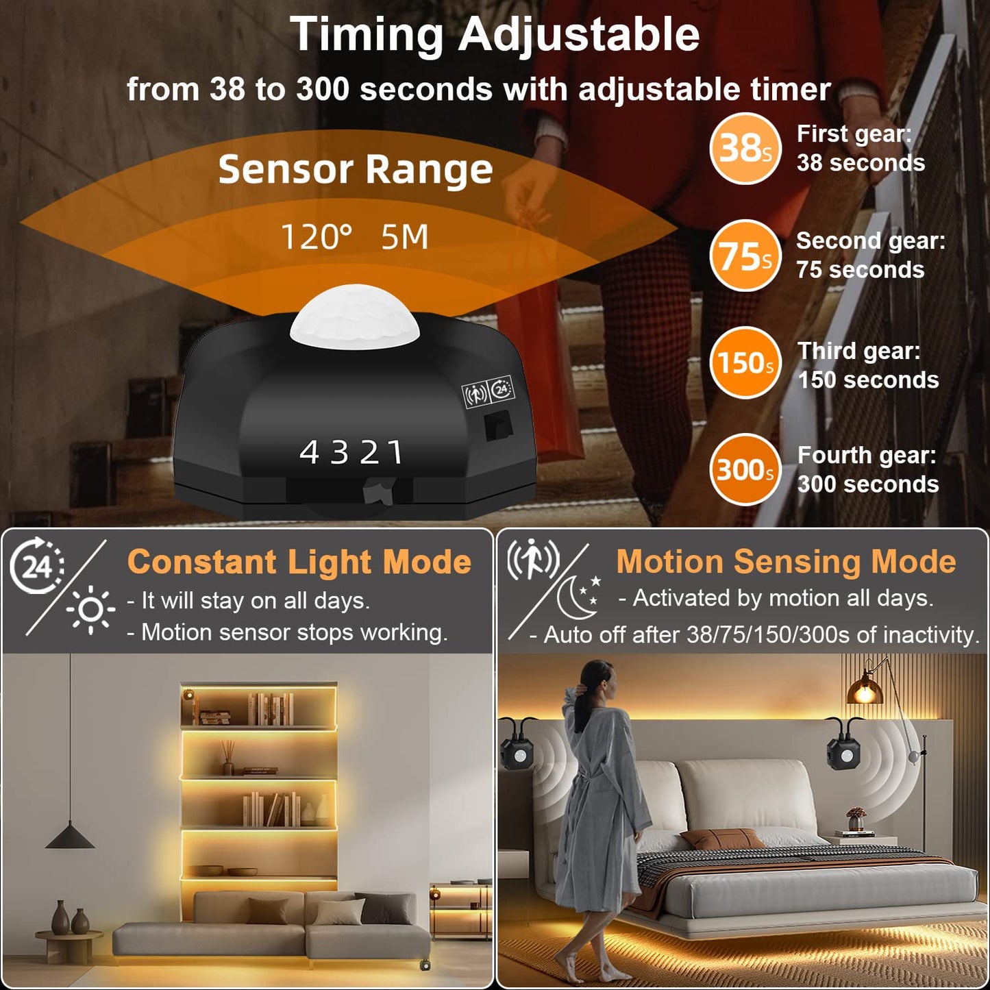 HOUHUI Motion Sensor LED Light Strip, 2PCS 9.8Ft Motion Sensor Light Indoor with Automatic Shut-Off Timer, Motion Activated Bed Lights Under Cabinet