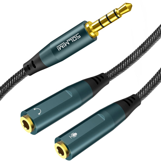SOLMIMI Headset Adapter, 3.5mm Headphone Mic Splitter CTIA TRRS Male to Dual TRS Female Y Audio Microphone Splitter Cable for Gaming Headset to PC
