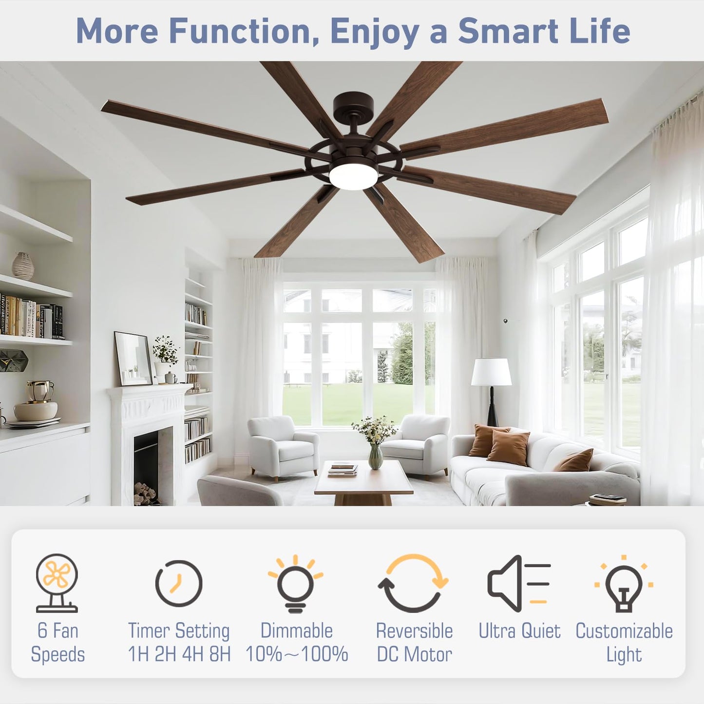 Homlit 72 Inch Smart Ceiling Fan with Light and Remote, Walnut Ceiling Fan with Quiet Reversible DC Motor, Control Via WiFi Alexa App, 3CCT Dimmable