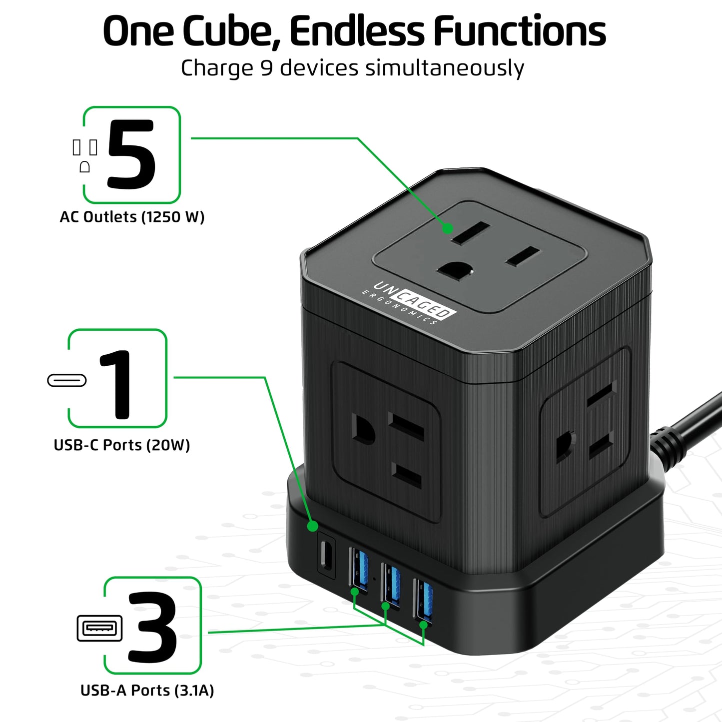 Cube Power Strips with Surge Protection, 10ft Extension Cord with Multiple Outlets, 5 AC Plugs, 3 USB, 1 Usbc Fast Charging Power Strip with USB