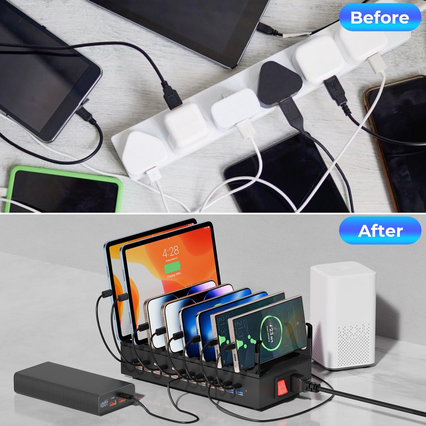 350W Charging Station for Multiple Devices, 24 Ports USB Fast Charging Station, Charger Station Organizer Compatible with Kindle,Tablet, iPad, Charger