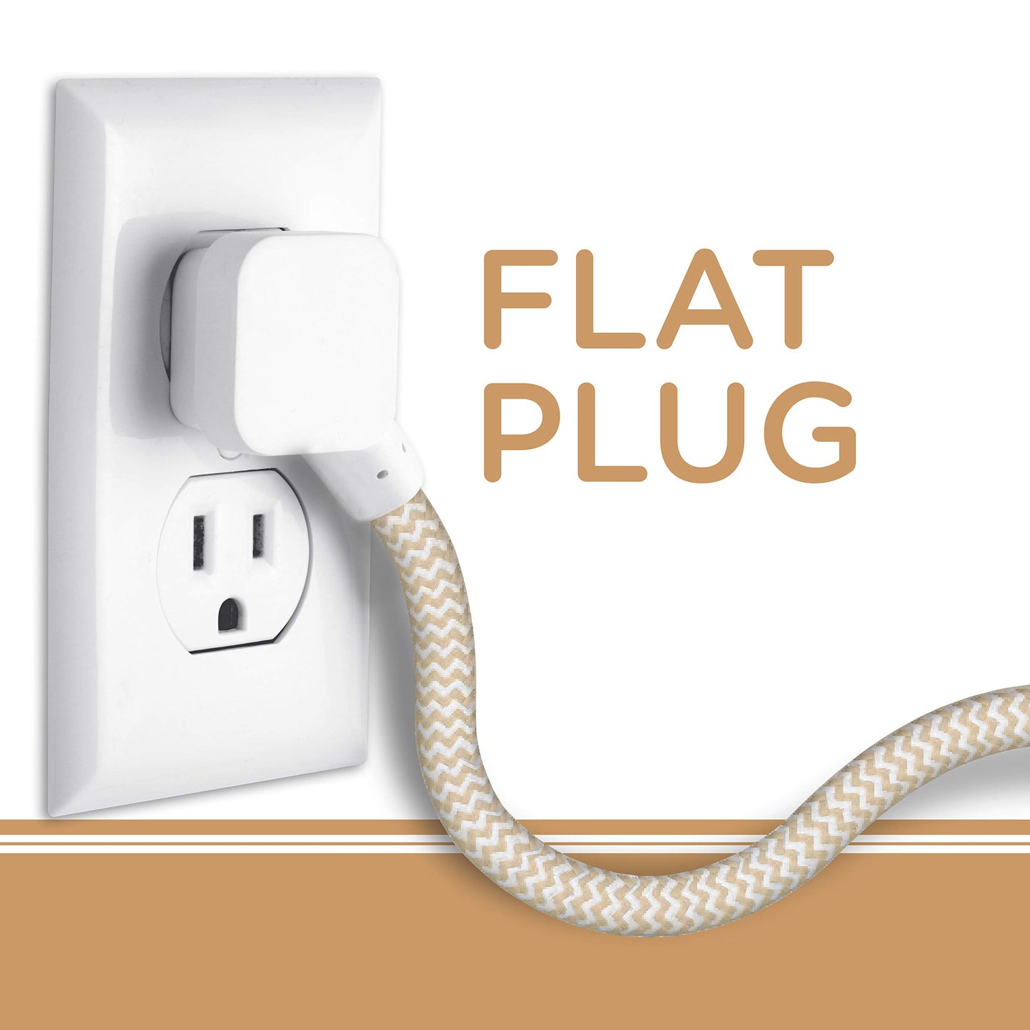 Cordinate Designer 2-Outlet Power Strip with 2 USB Ports, 10 Ft Braided Extension Cord, 2.4A Fast Charge, Surge Protection, Low-Profile Flat Plug, UL