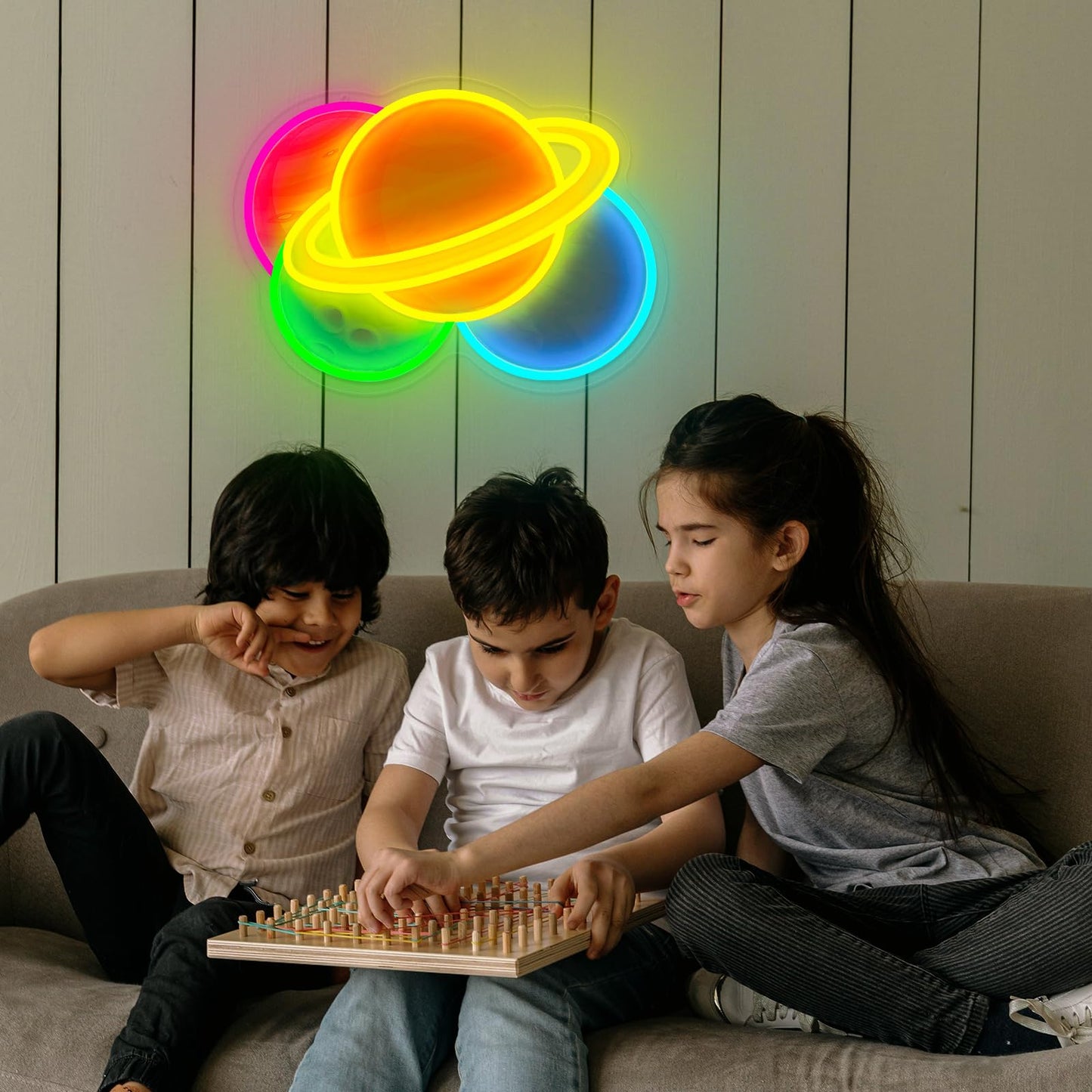 Planet Neon Sign 16.5x12.2inch Big Dimmable Saturn Led Light Colorful USB Powered Four-Planet Combination Space Neon Light Up Sign for Bedroom Living