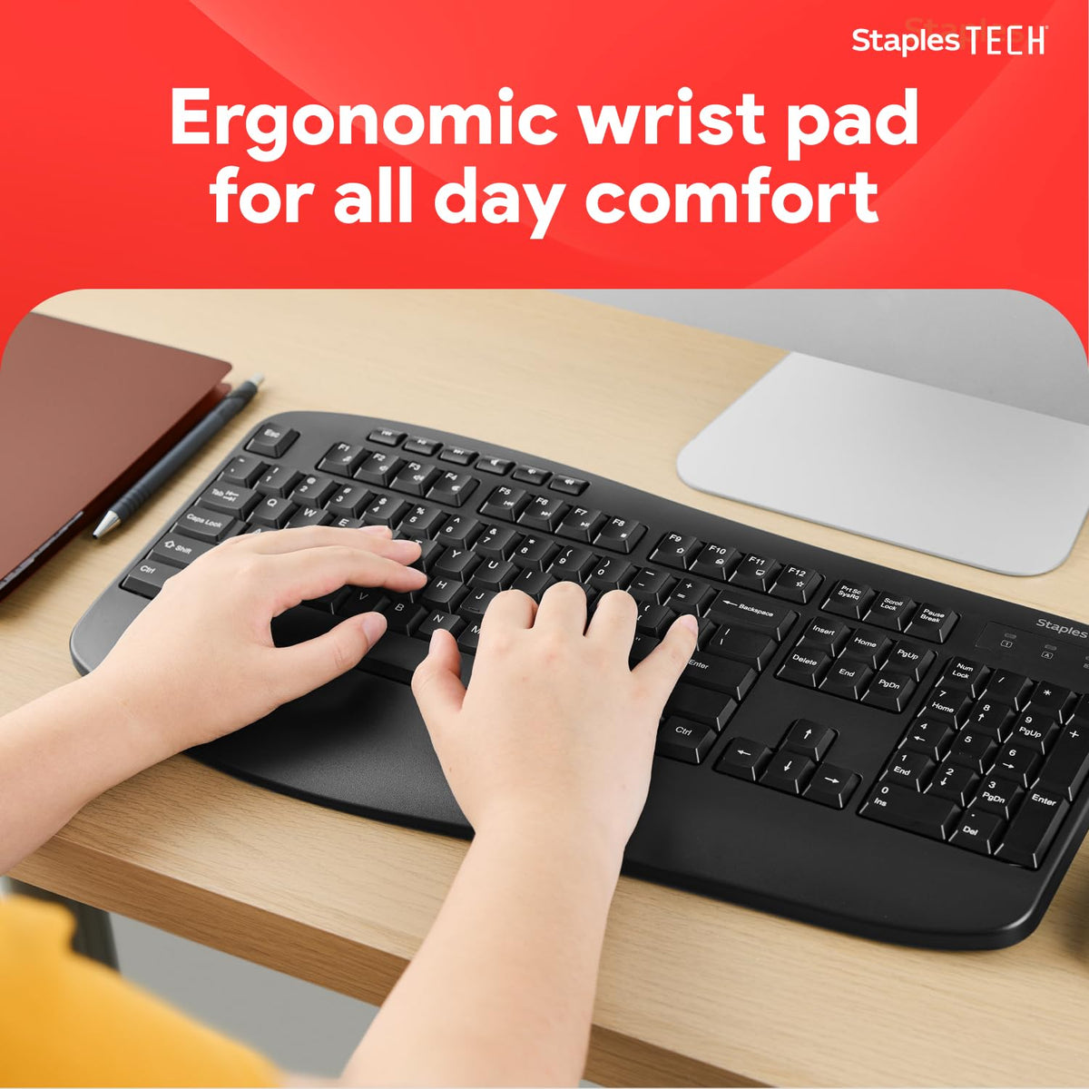Staples TECH Wireless Comfort Keyboard, Quiet Typing, USB, Black